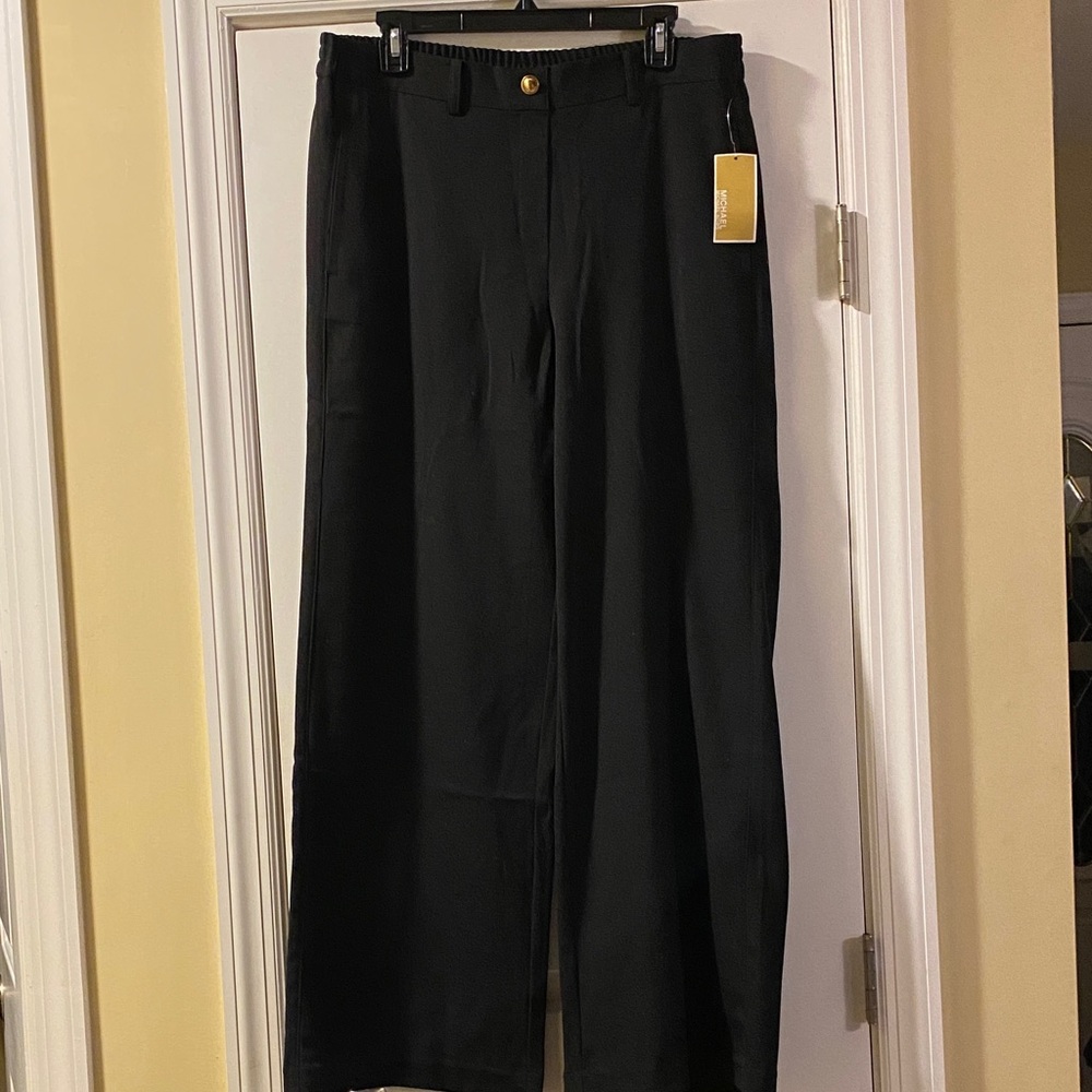 Michael Kors Wide Leg Stretch Waist Pull On Pants Gold Logo Button NWT